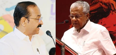 Kerala assembly election 2026|Left image is of Kerala Congress leader VD Satheesan speaking at an event. The right image is of CM Pinarayi Vijayan. the left image is warm toned with white background whereas Vijayan's background is reddish symbolising their respective party colours.