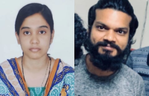 Left image is a passport size photo of Bibi Shaziya Siraj who jumped from 17th floor after finding out her husband Bhanu Chandar Reddy Kunta(right image) had committed suicide.