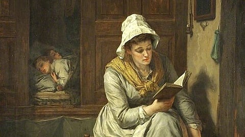 A woman in a bonnet reads by a dimly lit fireplace in a rustic room, while a child sleeps peacefully in a bed behind her. The scene is warm and serene.