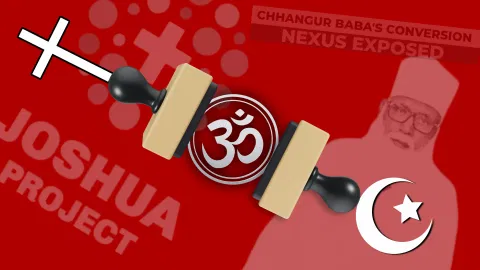 An abstract image with a red background featuring religious symbols: a cross, an Om symbol, and a crescent moon with a star. Text reads "Joshua Project" and "Chhangur Baba's Conversion Nexus Exposed," with a faded silhouette of a man. The tone is provocative, hinting at religious conversion themes.