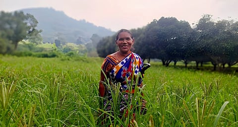 A woman standing in green fields wearing saree, trees nad hills in the background