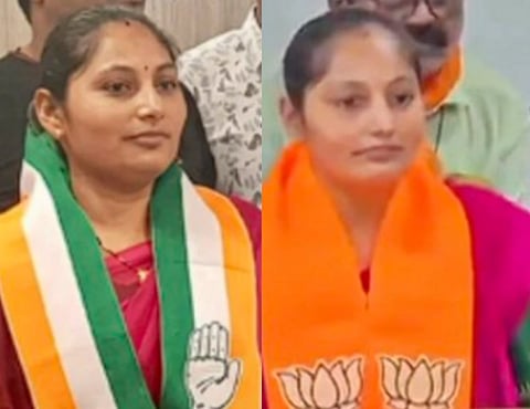 Two images of Former BJP corporator Sejal Gohel side by side. Left: Woman in a pink saree with a Congress party scarf. Right: Same woman in a BJP scarf, similar pose.