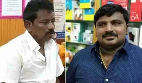 Two men are shown side by side; the left wears a white shirt and appears thoughtful, while the right, in a blue shirt. Both are indoors.