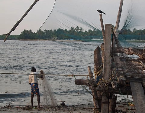 A person stands on a beach near large fishing nets and a wooden structure. A crow perches on a pole, with water and palm trees in the background.