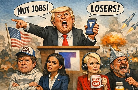 Political cartoon of a figure (Donald trump) at a podium, holding a phone, shouting "Nut Jobs!" and "Losers!" at the audience. Other people below show expressions of anger and disbelief.