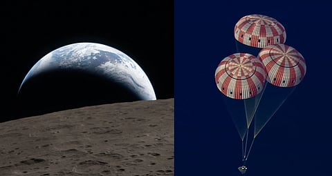 The image shows a split view: on the left, Earth rises above the Moon's surface, showing a serene, blue atmosphere; on the right, a spacecraft descends, supported by three open, striped parachutes against a dark blue sky.