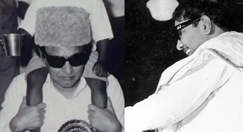 A vintage split image shows a man in sunglasses. On the left, MGR carries a child on his shoulders, wearing a fur hat. On the right, M karunanidhi is smiling warmly.
