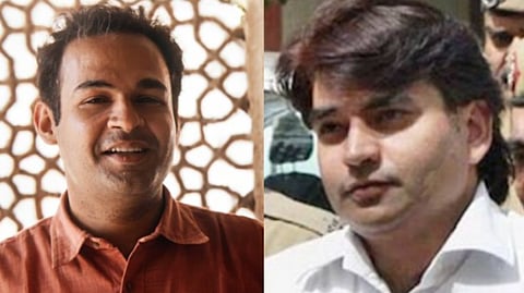 Two men (Nitish Katara and Vikas yadav) are shown side by side. The man on the left smiles in a casual setting, wearing a red shirt. The man on the right appears serious, wearing a white shirt.