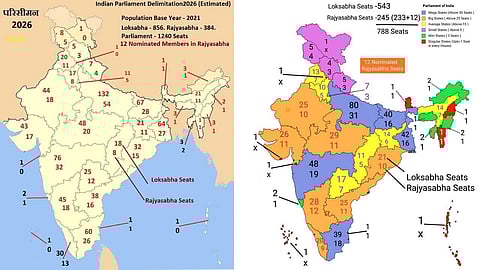A map of projected delimitation seats (left) next to a map showing state-wise seat composition (right)