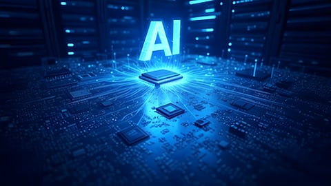 Graphic of a computer chip with 'AI' written in glowing letters above it