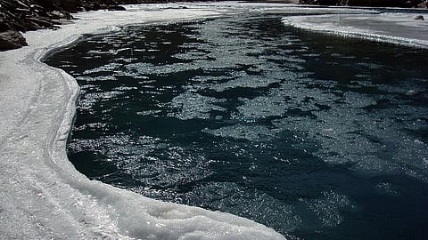 Flowing Zanskar River without ice formation during winter in Ladakh