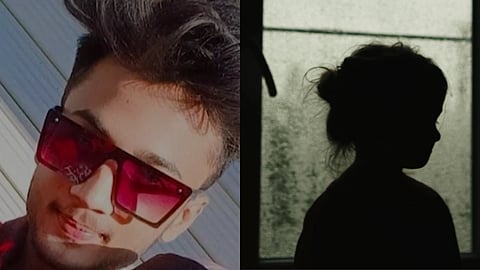The image is the collage of two image in one image on the left side Tanveer is shown smiling while in other image a small girl silhouette is shown looking outside a window