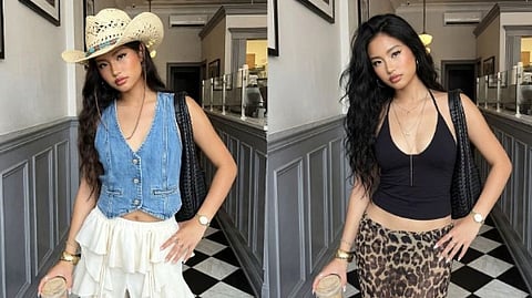 Two side-by-side images of a woman in stylish outfits. Left: Denim vest, white layered skirt, cowboy hat. Right: Black top, leopard print skirt. Chic and confident.