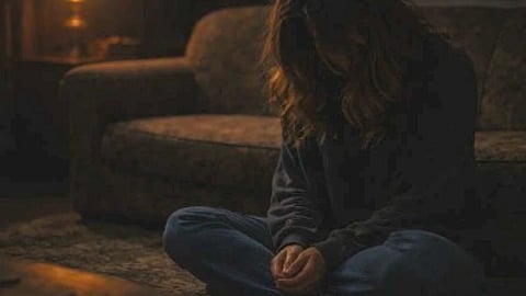 AI generated image of A woman sitting alone in a dark room, dim lighting, shadows surrounding her, somber mood, cinematic atmosphere