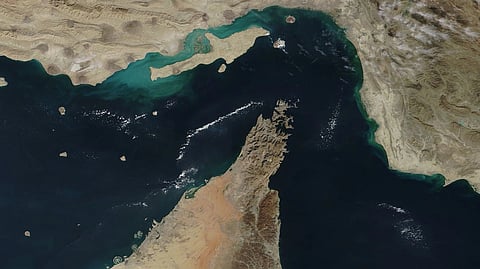 In the image a geographical map of strait of Hormuz is shown