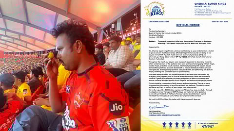 In the video a collage of two images are shown in one image a man is shown holding a lemon while sitting in a cricket stadium wearing a SRH merchandise and another side a letter of CSK is shown