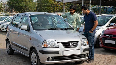 Two men examining a silver hatchback car, likely a Hyundai, in a dealership lot. They appear focused, surrounded by other parked cars.