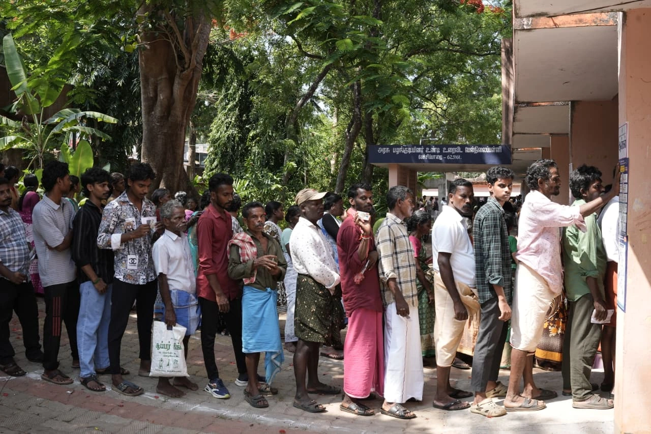 men voters standing in line during the 2026 Tamil Nadu Election