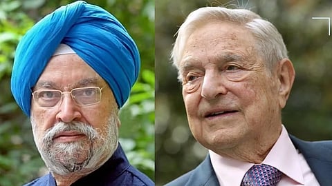 In the image on the right side Hardeep singh puri is shown and on the left George Soros is shown