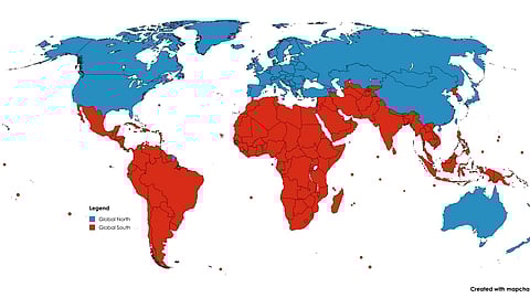 World map showing the Global North in blue and the Global South in red. The map highlights regions based on economic and political criteria.