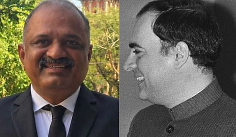 Left image is of AG perarivalan smiling wearing a black suit. right image is of late Rajiv gandhi looking sideways and smiling.