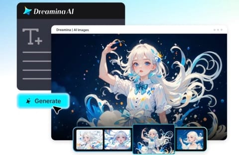 AI-generated image showcasing a white-haired anime girl in a blue dress with flowing hair against a starry background. Emotion conveys wonder.