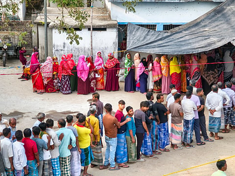 South 24 Parganas: Voters stand in a queue to cast their vote during the second phase of the West Bengal assembly elections at a polling booth in Bhangar Assembly constituency, South 24 Parganas on Wednesday, April 29, 2026