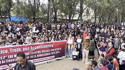 Women protesters rally in Manipur holding banners demanding probe into Ukhrul killings and investigation into leaked tapes
