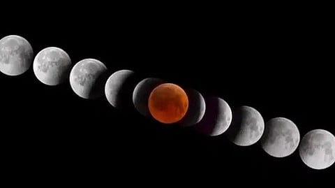 Phases of a lunar eclipse depicted in sequence, showing the transition from a full, bright moon to total eclipse with a vivid red hue at its peak.
