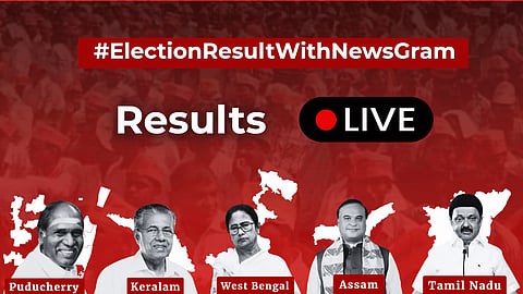 #ElectionResultWithNewsGram" at the top, "Results LIVE" in white text and a red dot. Below are portraits of five individuals, each labeled with different states: Puducherry, Kerala, West Bengal, Assam, and Tamil Nadu, against state map silhouettes.