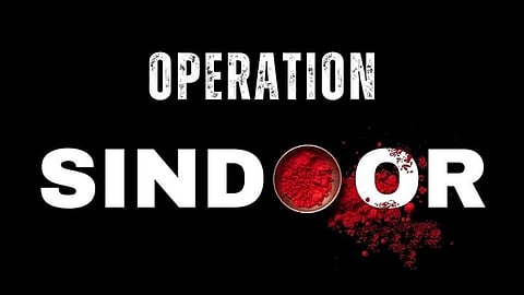 "Black background with bold white text 'Operation Sindoor.' A circular container of red powder replaces the 'O,' with scattered powder enhancing the dramatic tone."