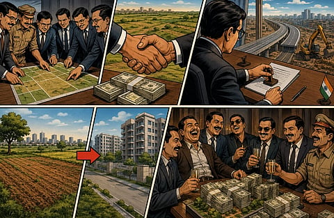Officials and businessmen examine a map, shake hands over money, and sign papers. Land transforms into buildings. The group celebrates with drinks, suggesting corruption and profit.