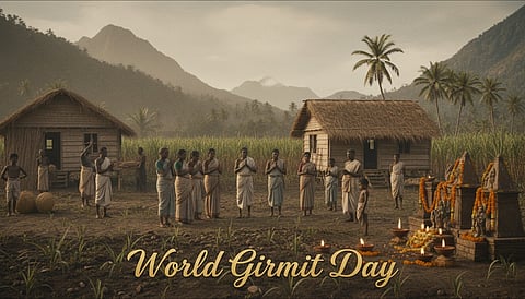 A group of people in traditional attire stand in a semi-circle, hands joined in prayer, before an altar adorned with marigolds and candles, set in a rural landscape with huts and palm trees under a mountainous backdrop. Text reads "World Girmit Day."