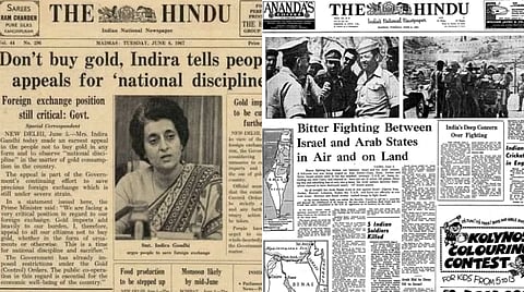 image of two the Hindu newspaper front page. A vintage newspaper collage featuring two front pages of "The Hindu" from June 1967. Highlights include Indira Gandhi's plea on economic discipline and articles on the Arab-Israeli conflict.