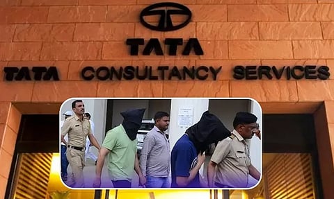 The image shows the Tata Consultancy Services logo on a building. Below, a separate image depicts arrested individuals with covered faces escorted by police.