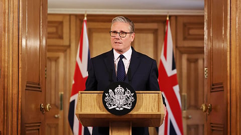 In the image Kier Starmer is shown adressing the people