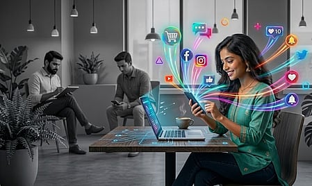 graphic of a woman interacting with a phone in colour while two men sit in the background in black and white