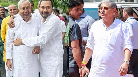 photo of ex-CM of Bihar Nitish Kumar and his son Nishant Kumar, and JDU leader and Union Minister Rajiv Ranjan ‘Lalan’ Singh