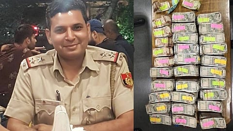 In the image on the left side Inspector Subhash Yadav is shown and on the right side a table with a lot of cash in it is shown