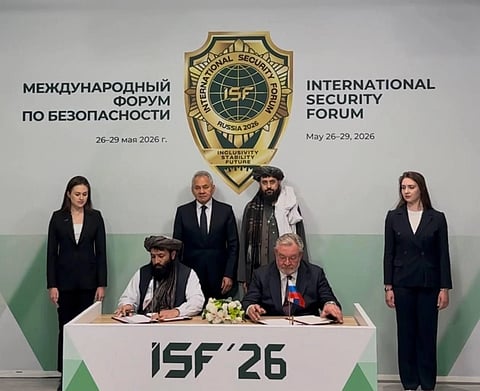 Russian and Taliban officials linked to a newly signed military cooperation agreement during a security forum near Moscow