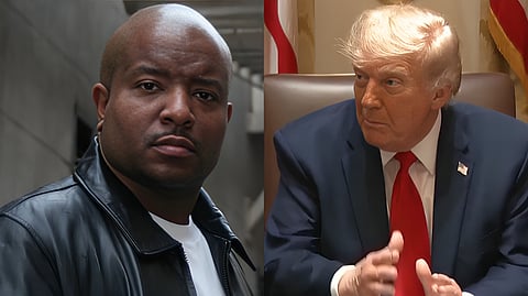Split image featuring rapper Young MC and US President Donald Trump linked to controversy over artists withdrawing from a Trump-associated anniversary celebration