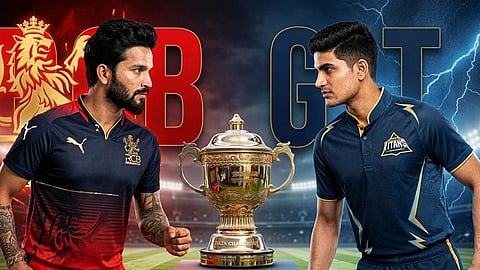 In the image on the left side of the image Rajat Patidar is shown and on the right side Shubman gill is shown between them is IPL trophy