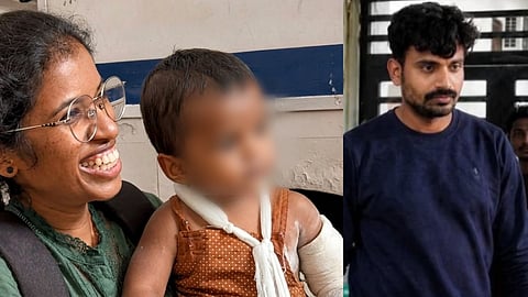In the image collage of two image is shown in one image Akhila is shown carrying the 18 months old Arshid with both his hands fractured in the other side Ashkar is shown