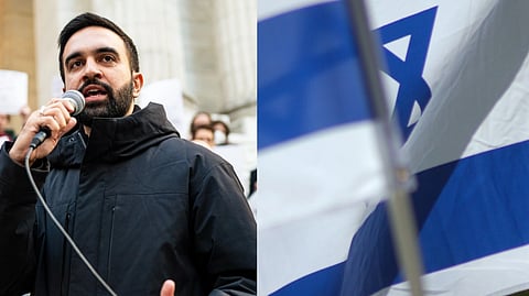 NYC Mayor Zohran Mamdani in a black jacket speaks passionately into a microphone at an outdoor rally. On the right, a close-up of a waving Israeli flag.