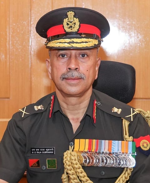 Image of India’s New Chief of Defence Staff, NS Raja Subramani. He is seated in his official uniform. several medals are attached to his uniform.