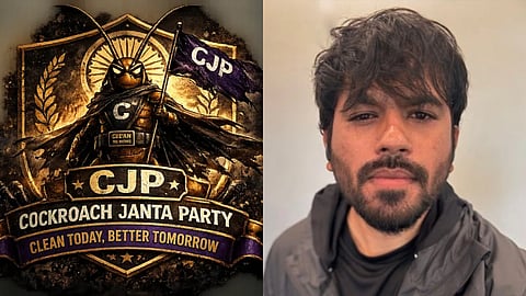 In the image on the left side Cockroach Janta Party (CJP) logo is shown and on the right side Abhijeet Dipke is shown