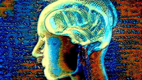 This image is showing an Artificial Intelligence image of human being's head. The image is showing a crucial thinking process.