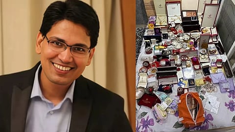 On the left side Rishu Shree is shown and on the right side a table full of cash and jewellery is shown