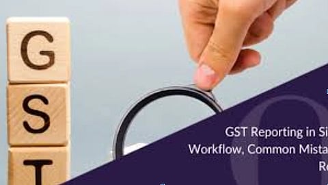 The image is showcasing GST, Goods Service Tax Reporting in Singapore, Filing Workflow, Common Mistakes that people must avoid