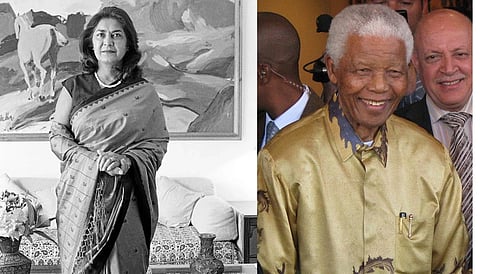 On the left hand, Amina cachalia is standing who rejected Nelson Mandela's marriage proposal and on the right side there is an image of Nelson Mandela.